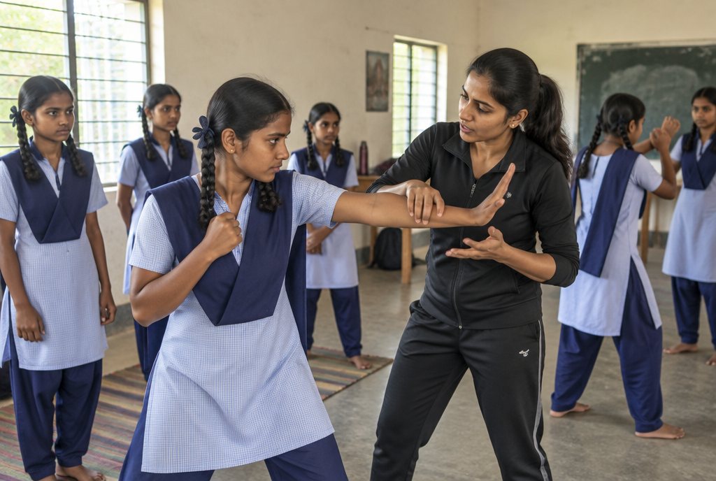 Schoolgirls in uniform at a self-defense and life-skills workshop with a female instructor